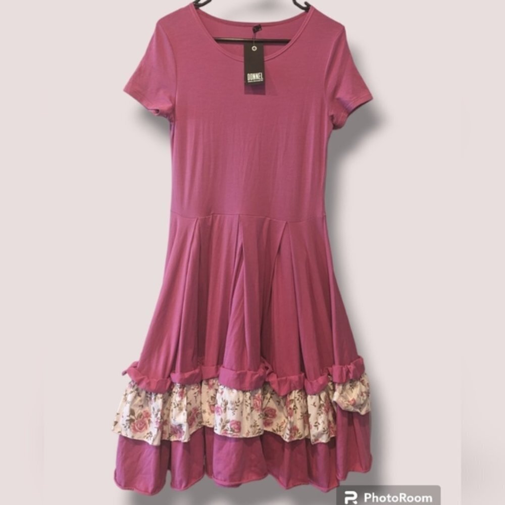 Donnel Pink Twirl Dress Floral Ruffle Hem Cottagecore Midi NWT Small